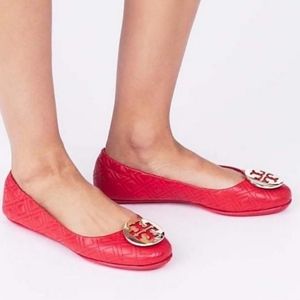 Tory Burch Quilted Minnie Nappa Leather Travel Ballet Flats, Bright Samba / Gold